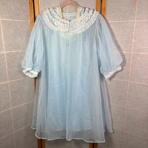 Lorraine Lingerie Vintage Peignoir Robe Small Blue Sheer Lace Ruffle Babydoll